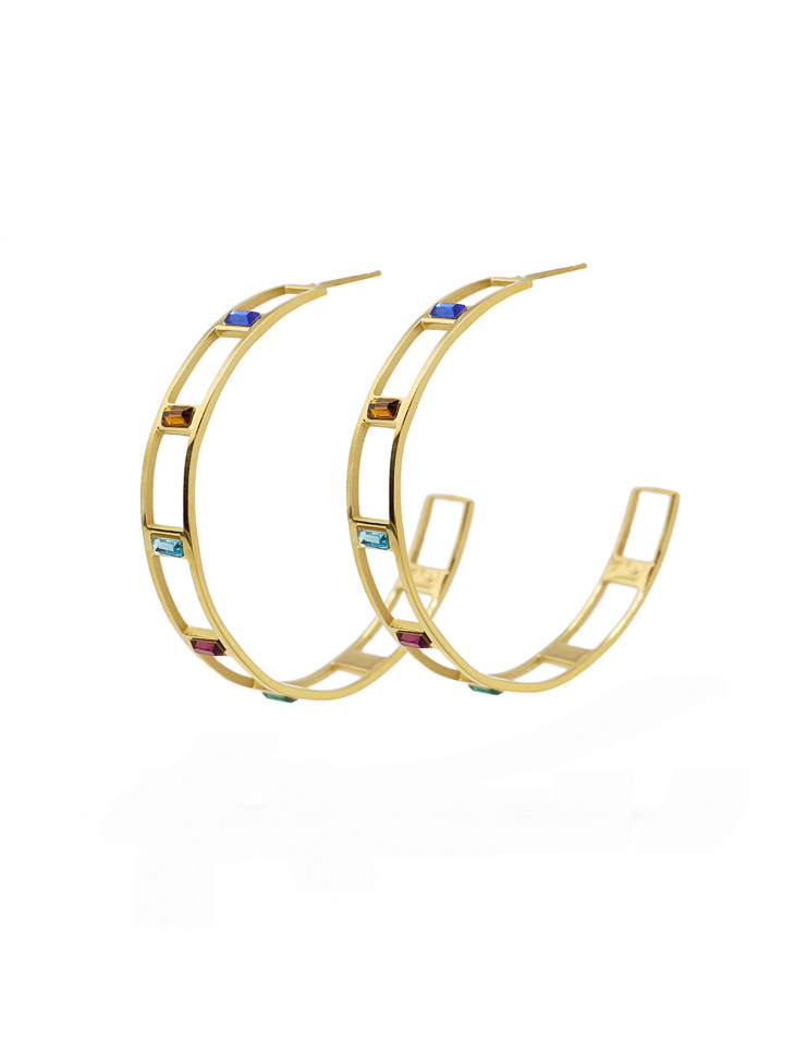 Hoop earrings - surgical steel - two-line design - colored zircons