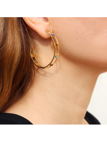 Hoop earrings - surgical steel - two-line design - colored zircons