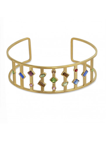 Rigid gold-colored surgical steel bracelet - colored zircons