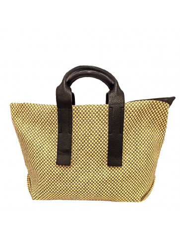 Shoulder bag - two-tone grey/yellow knitted squares