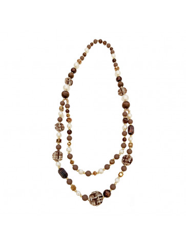Double long necklace with pearls and brown elements