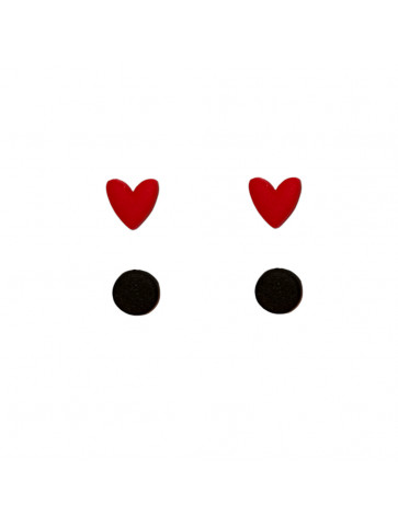 Set - clay earrings -  handmade - red heart - black circle.