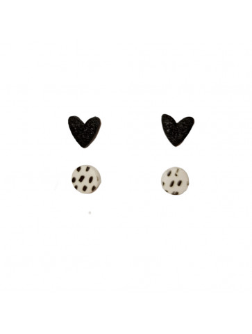 Set - clay earrings -  handmade - black heart - black and white circle