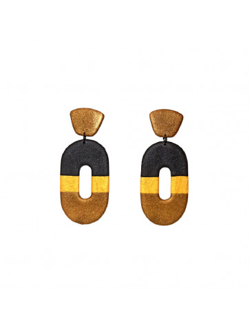 Handmade clay earrings - oval shape - black/gold color