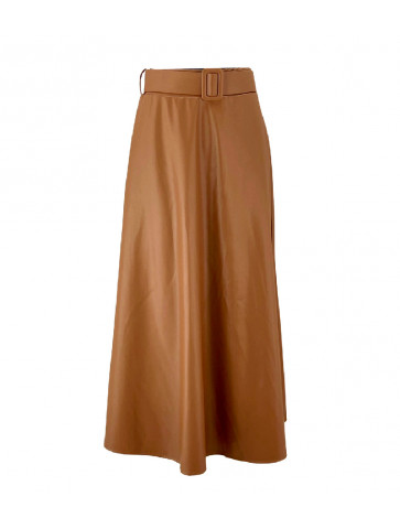 Wide elastic waist belted skirt - leather-like fabric