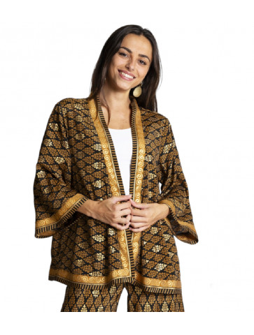 Short kimono-style jacket - "block print metallic" pattern