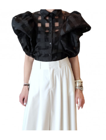 Γυναικείο πουκάμισο - διαφάνειες - φουσκωτό μανίκι - κανονική polyester γραμμή