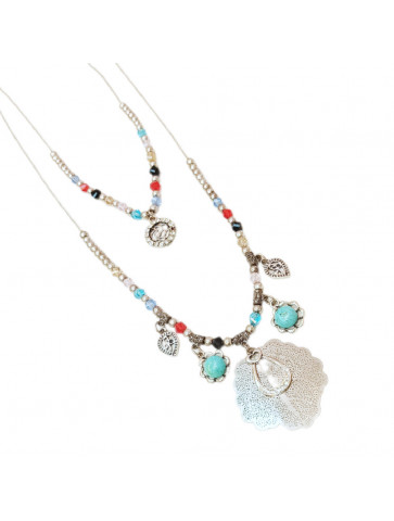 Long Necklace - Double Silver Chain - Multicolored Stones