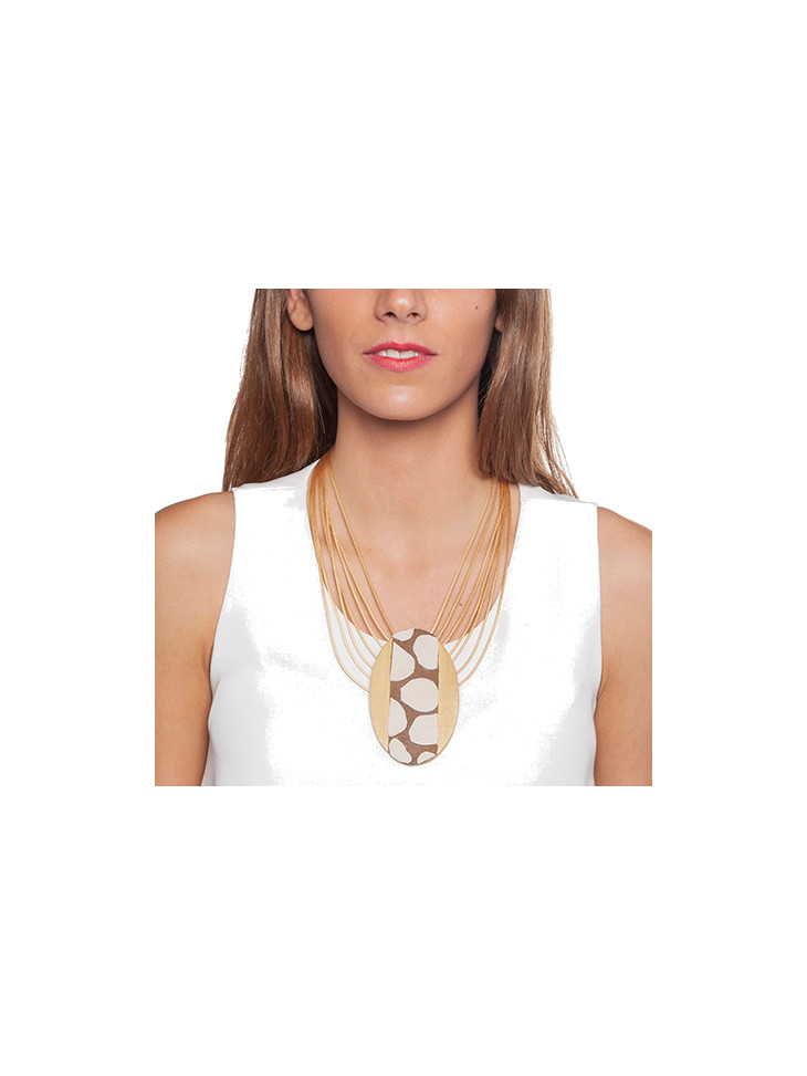 Beige Short multicord necklace- oval wooden pendant