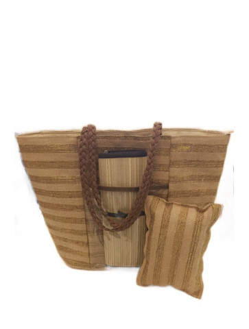 Beach bag - burlap - stripes in gold and beige color