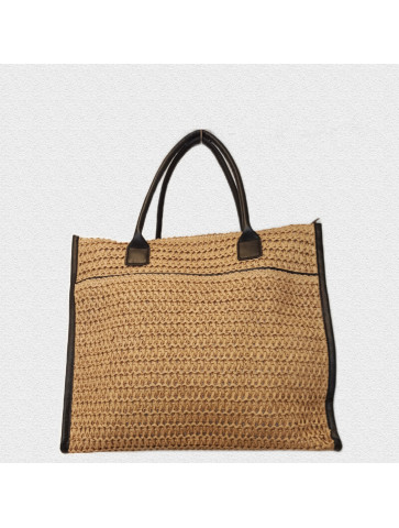 Beige wicker bag in natural color with black chevron and black handles