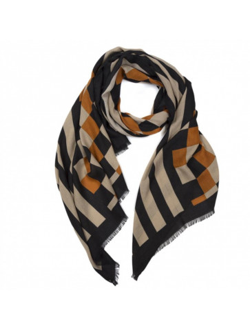 Soft thin wool scarf - vertical stripes and checks - black/multi rust