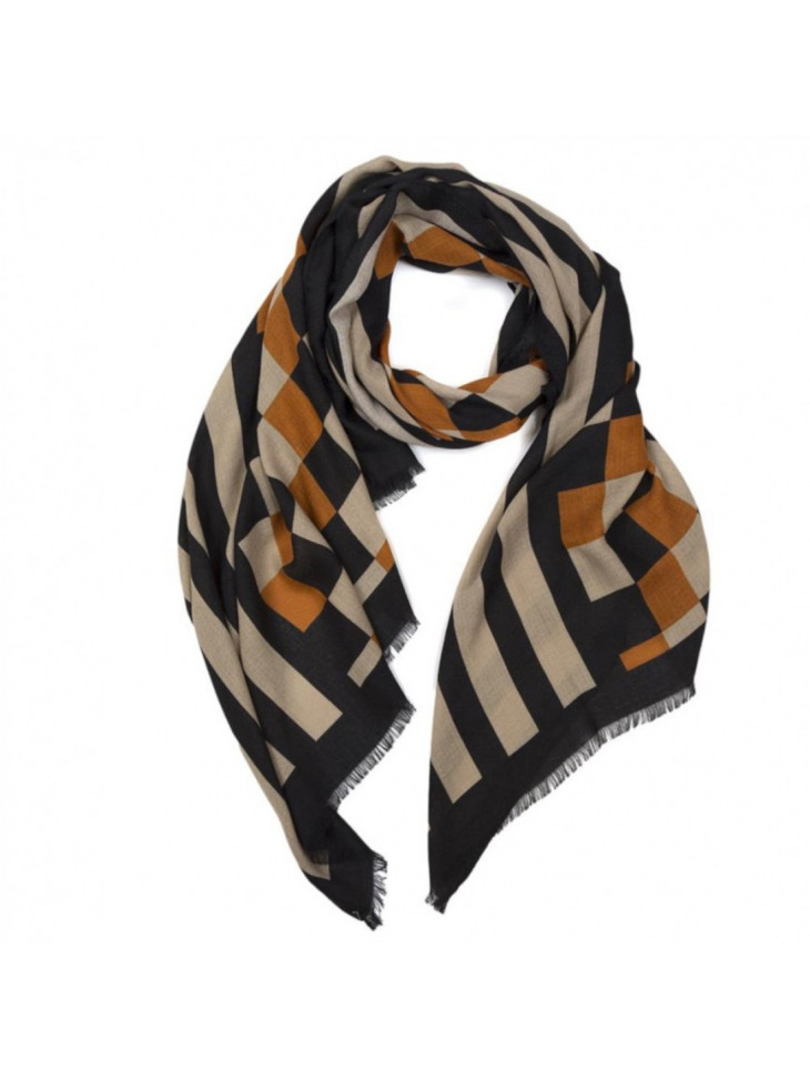 Soft thin wool scarf - vertical stripes and checks - black/multi rust
