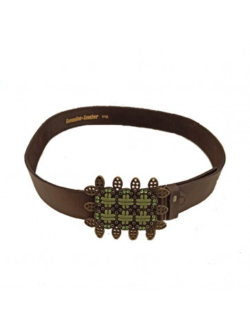 Leather belt in brown color - handmade buckle - green - khaki color