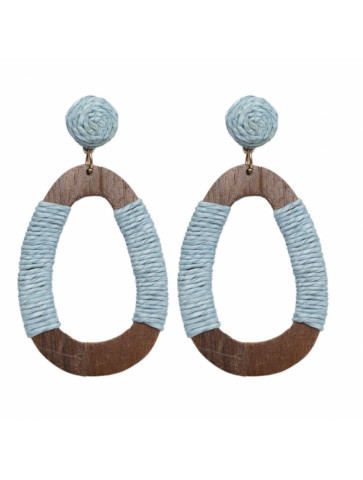 Raffia top earring - oval-shaped wooden piece