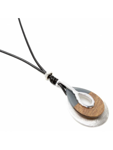 Cord necklace - tear shaped - metal - wood