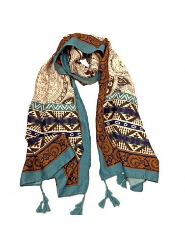 Scarf-pareo - print flowers & leaves in brown color - turquoise edges