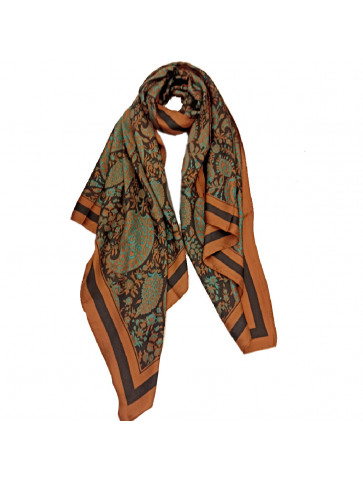 Scarf - combination of brown - green and black color - print small flowers - leaves